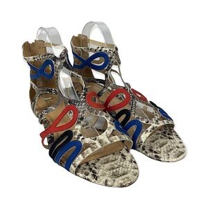 Schutz Snake Embossed Multi-Strap Gladiator Style Sandals Strappy Blue Red